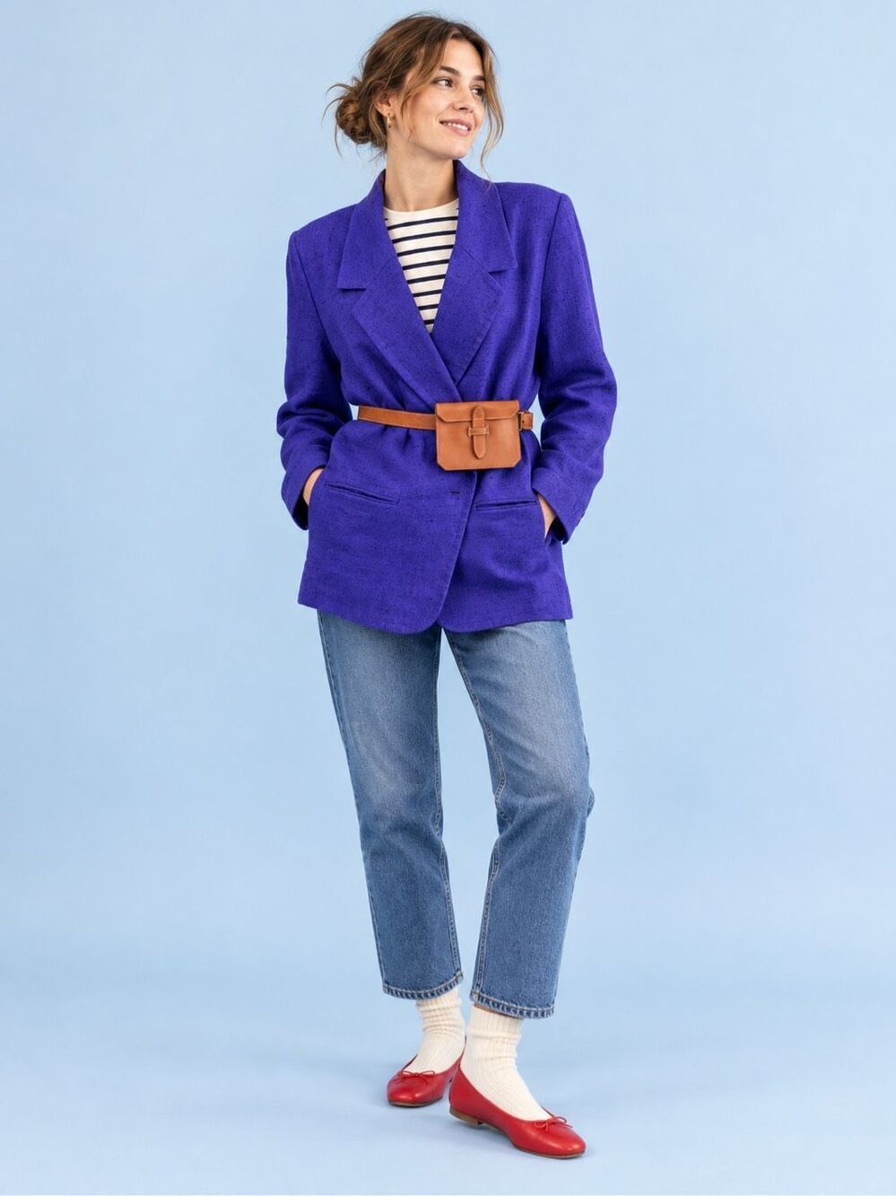 Saks Fifth Avenue Vintage 100% Linen Royal Purple Blue Violet Single Button Long